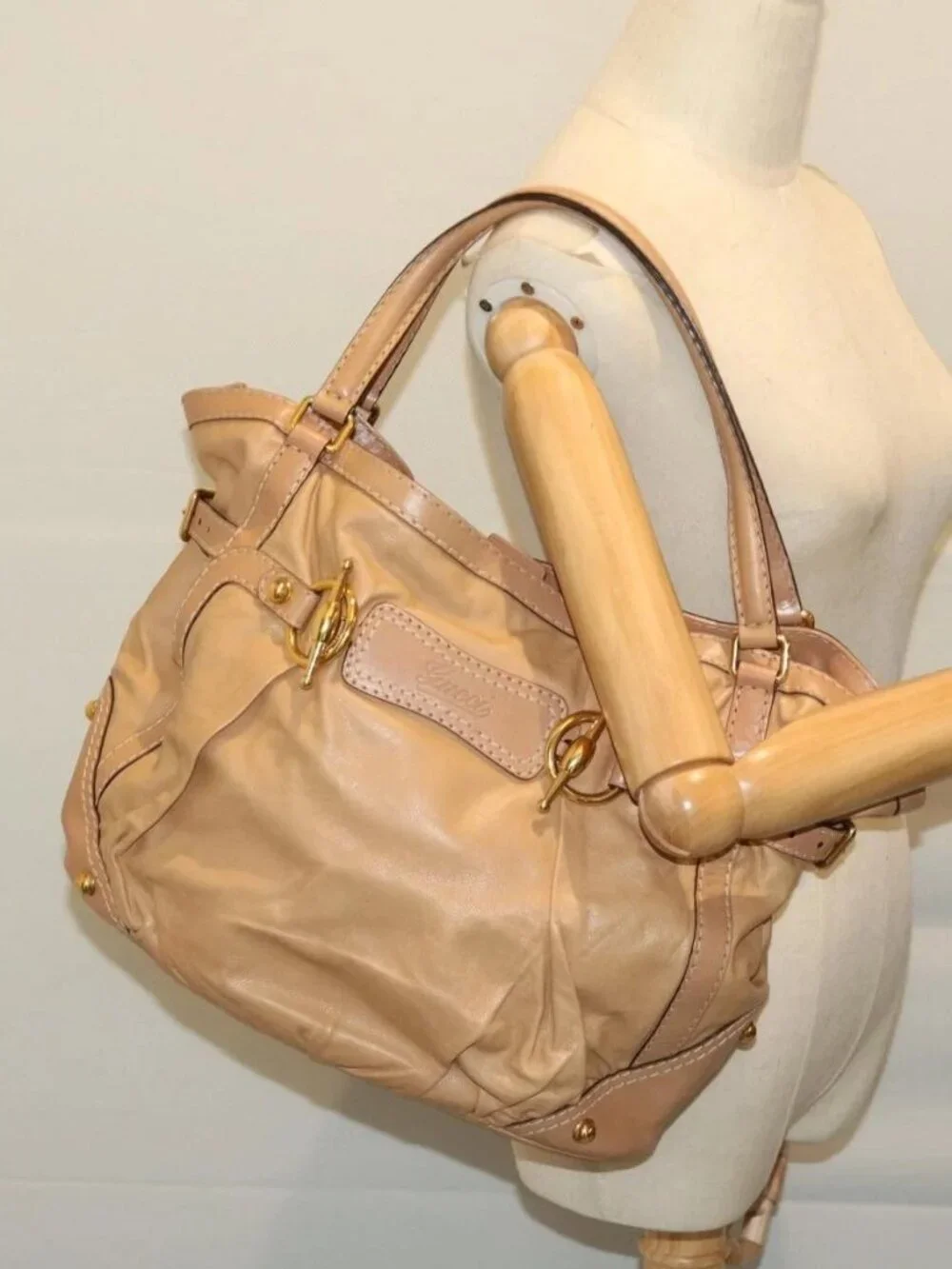 GUCCI Horsebit Shoulder Bag Leather Beige 203546 Auth fm3198